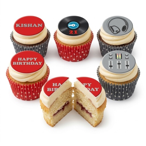 Six cupcakes with white frosting and red and grey DJ/music themed edible toppers, including a vinyl record, headphones, and a mixer.