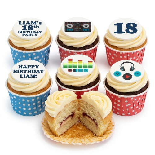 Assorted DJ and music theme birthday cupcakes with custom age and personalised message toppers.