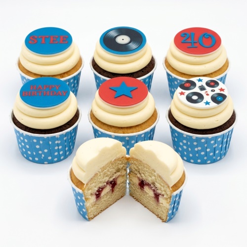 Retro music themed cupcakes with record player, star, and custom message toppers in blue, red, and white.