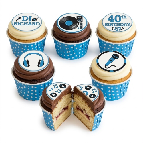 Music theme cupcakes with record player, headphones, microphone, and musical note toppers, in blue polka dot cases.