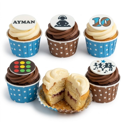 Cupcakes with DJ, dancing, and gaming-style toppers in blue and brown wrappers, with custom age and name.
