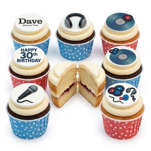 Cupcakes with music theme toppers including headphones, vinyl records, and microphone for a custom age birthday.