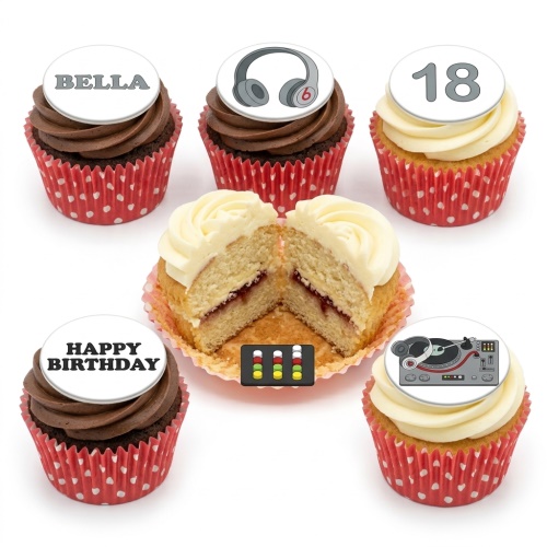 DJ theme birthday cupcakes with headphones, turntable, and custom age/name toppers on red polka dot cases.