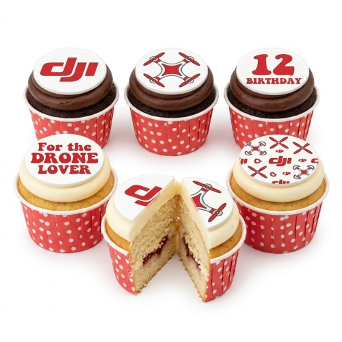 Six drone themed cupcakes with DJI logo and custom age topper in red and white polka dot cases.