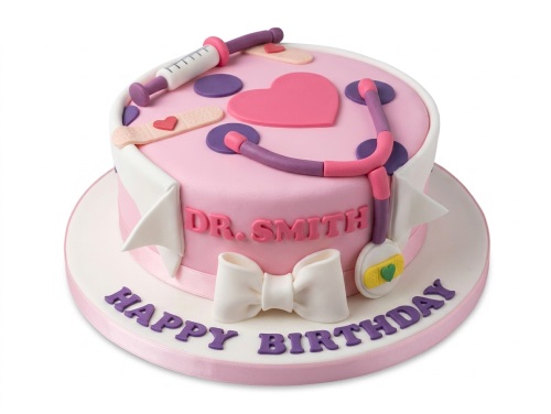 Pink round cake with edible doctor's stethoscope, syringe, band-aids, and a white bow.