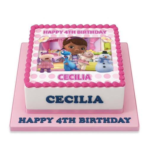 Doc McStuffins themed birthday cake with pink polka dot border and custom age.