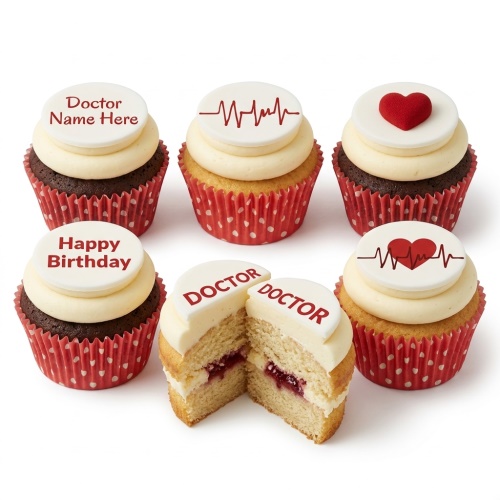A set of doctor-themed birthday cupcakes with medical graphics, a red heart, and personalised message examples.