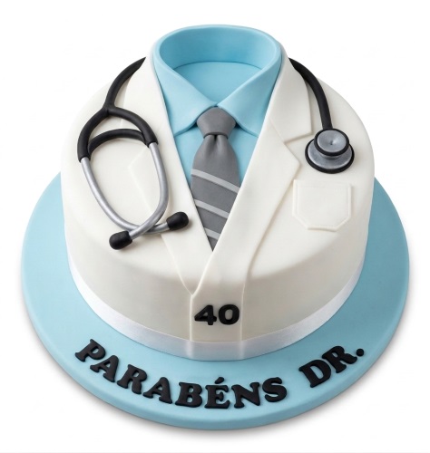 Round cake decorated as a doctor's white coat with blue shirt, grey tie, and stethoscope, with a custom age.