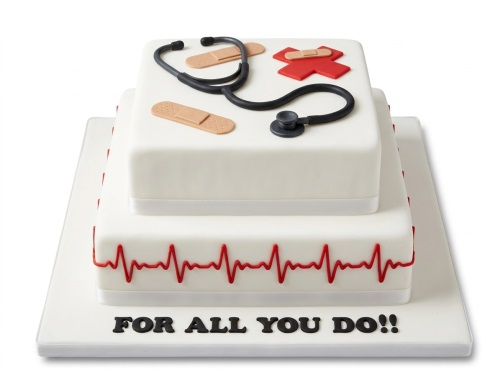 Two-tier white square cake with stethoscope, plasters, red cross, and heartbeat line.