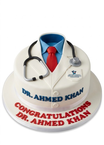 Round white cake decorated as a doctor's coat with blue shirt, red tie, and stethoscope.