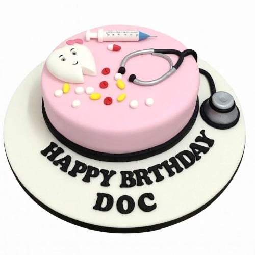 Round pink doctor theme birthday cake with stethoscope, syringe, smiling tooth, and colourful pills.