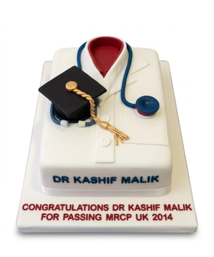 White fondant cake designed as a doctor's lab coat with a red collar, blue stethoscope, and black graduation cap with a gold tassel.