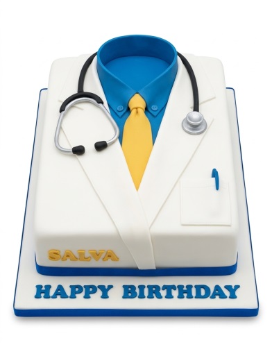Rectangular white cake decorated as a doctor's lab coat with blue shirt, yellow tie, and edible stethoscope, with 'Happy Birthday' message.