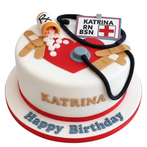 White round cake with red heart, stethoscope, pills, band-aids, and nurse ID badge.