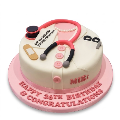 Round white cake decorated as a doctor's coat with pink stethoscope and custom message.