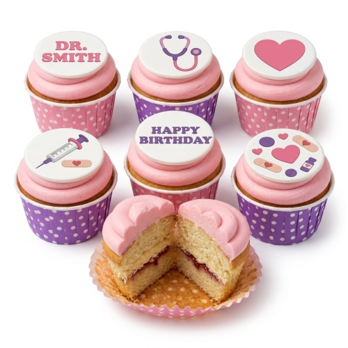 Six cupcakes with pink frosting and medical-themed toppers, including a stethoscope, syringe, heart, and plasters. One cupcake is cut in half, showing vanilla sponge and jam filling.