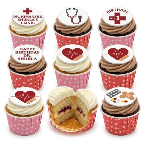 Medical theme cupcakes with stethoscope, heartbeat, pills, and custom message toppers.
