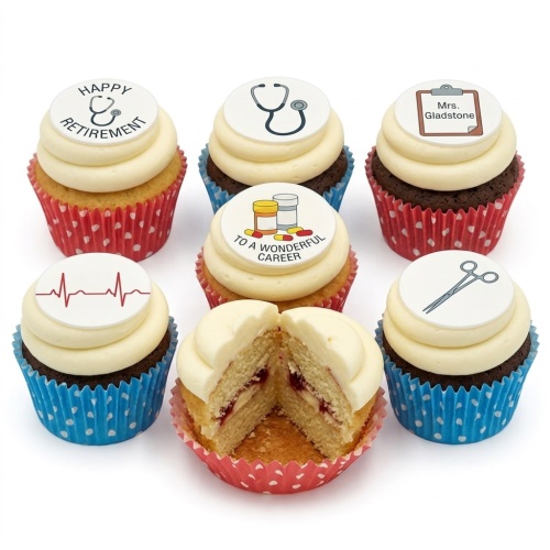 Six cupcakes with white frosting and medical-themed edible toppers for retirement celebration.