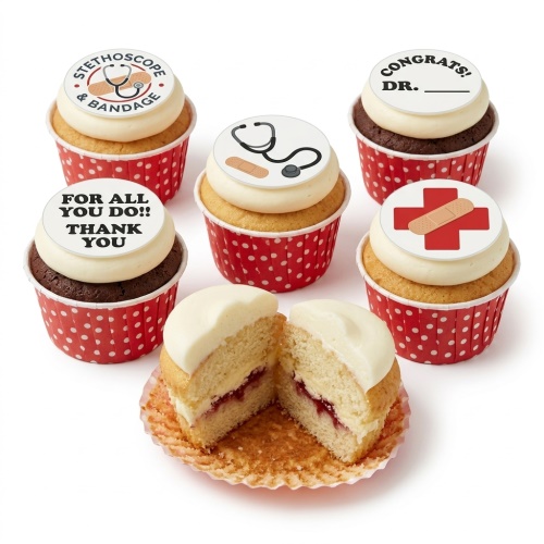 Six medical theme cupcakes with white frosting, red polka dot wrappers, and edible toppers featuring stethoscopes, bandages, a red cross, and thank you messages.