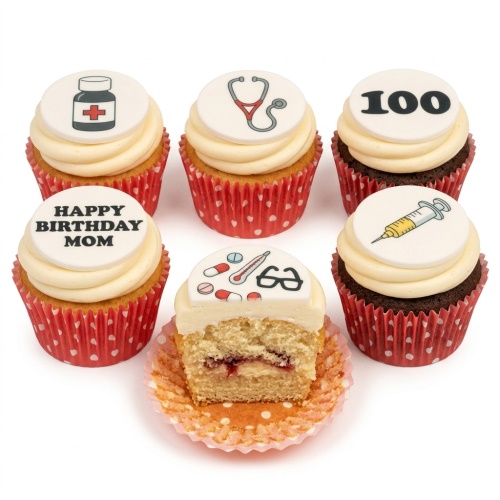 Cupcakes with medical themed toppers including stethoscope, syringe, medicine bottle, pills, thermometer, glasses, and a custom age.