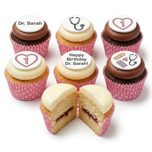 Assortment of doctor theme birthday cupcakes with medical symbol and custom message toppers.