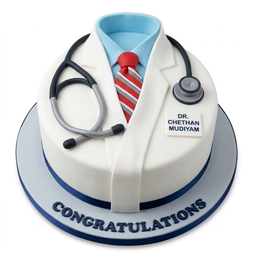 Doctor's white coat cake with stethoscope, red tie, and 'Congratulations' message