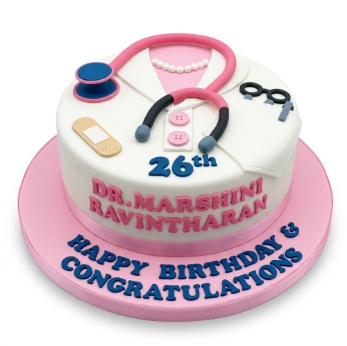 Round white and pink doctor's coat theme birthday cake with stethoscope, glasses, and plaster.
