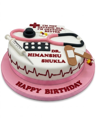 White and pink round cake with medical theme decorations including stethoscope, syringe, pills, and band-aids, with a custom message.