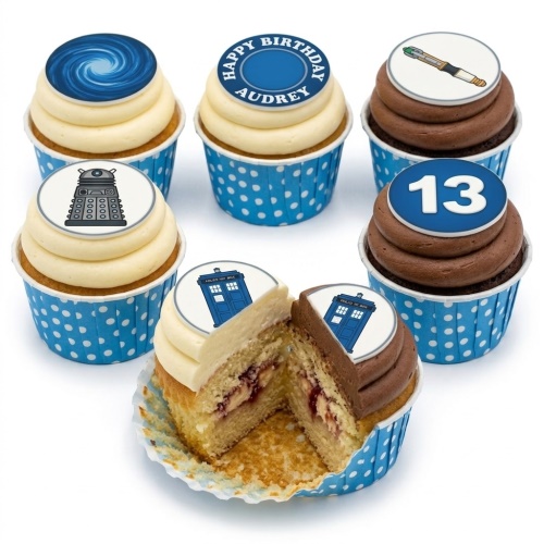 Doctor Who themed cupcakes with TARDIS, Dalek, Sonic Screwdriver, and custom age toppers.