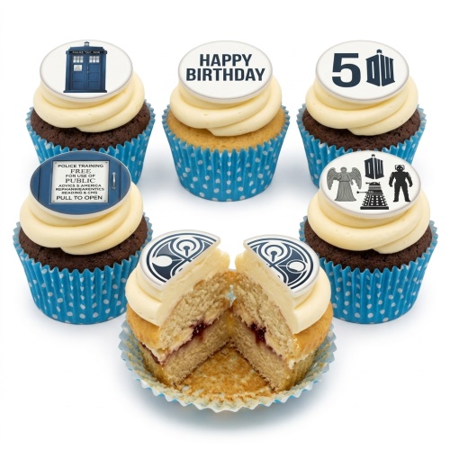 Doctor Who themed birthday cupcakes with TARDIS, Dalek, Weeping Angel, and custom age toppers.