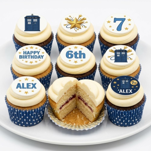 Doctor Who TARDIS cupcakes with star toppers, custom age, and personalised name.