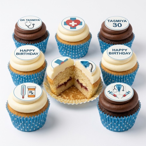 Assortment of medical-themed birthday cupcakes with custom age and message toppers.