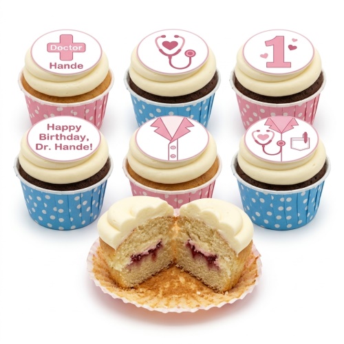 A set of doctor theme birthday cupcakes with pink medical symbols, a custom age topper, and a personalised message.
