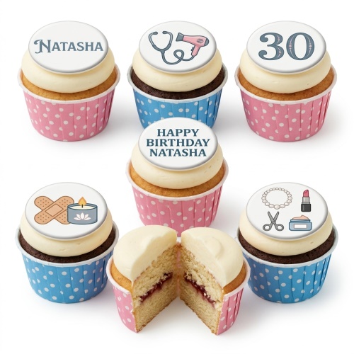 Six cupcakes with white frosting and edible toppers depicting various hobbies and a custom age.