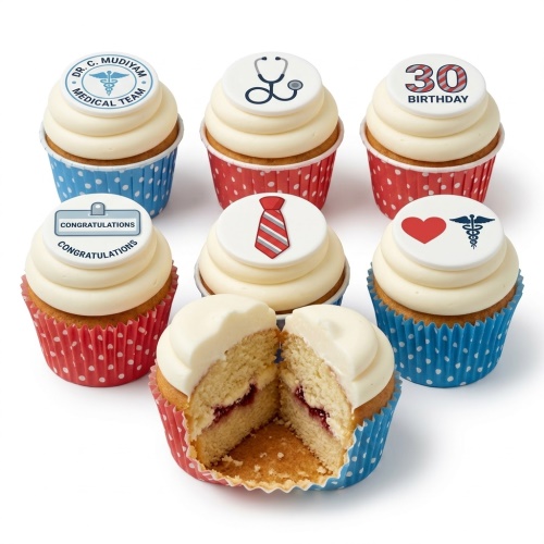 A set of doctor and medical themed birthday cupcakes with custom age and professional toppers.