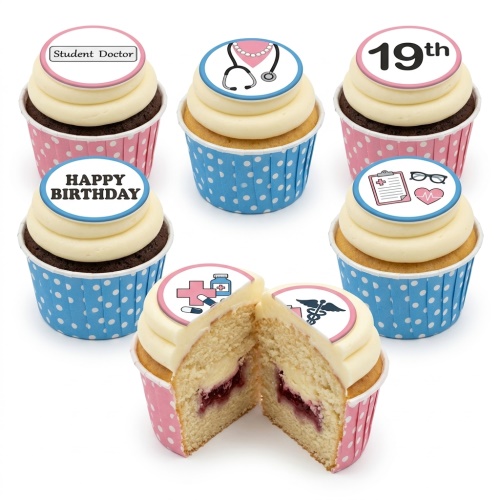 Medical theme birthday cupcakes with stethoscopes, medical crosses, and custom age toppers.