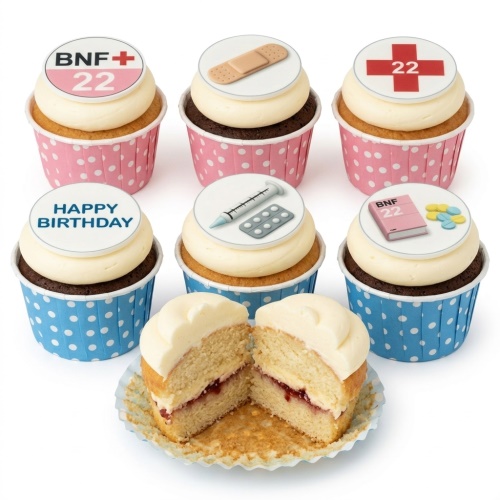 Selection of medical themed birthday cupcakes with white frosting, including band-aid, syringe, red cross, and 'Happy Birthday' toppers.