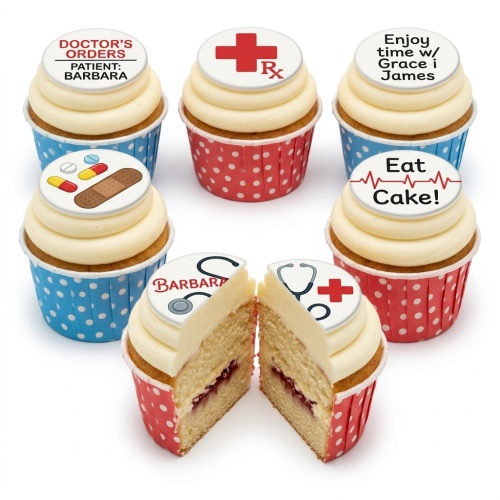 Vanilla cupcakes with medical themed toppers including stethoscope, pills, Rx symbol, and heartbeat. Some feature custom messages.