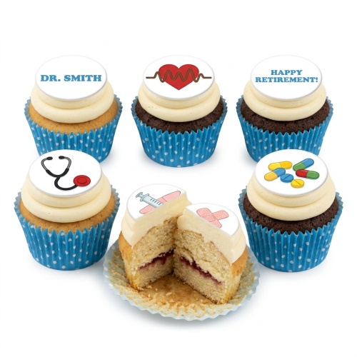 Six cupcakes with white frosting and blue polka dot wrappers, featuring edible medical-themed toppers including a stethoscope, heart monitor, pills, syringe, plaster, and custom message examples.