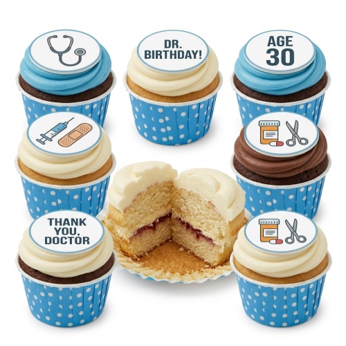 Doctor themed cupcakes with medical icons, custom age, and thank you messages, in blue polka dot cases.