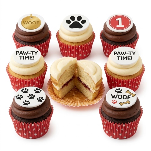 Assortment of dog theme cupcakes with paw prints, dog tag, bones, and 'Paw-ty Time!' toppers.