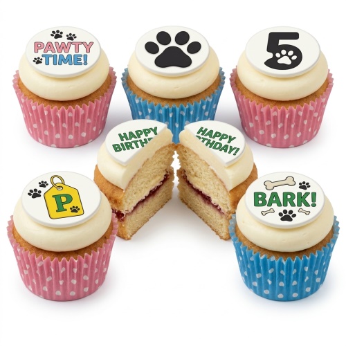 Six cupcakes with white frosting, paw print toppers, "PAWTY TIME!", "HAPPY BIRTHDAY!", "5", "P", and "BARK!" messages.