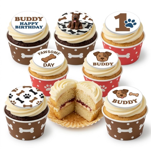 Set of dog-themed birthday cupcakes with paw prints, bones, 3D dog, and custom age topper.