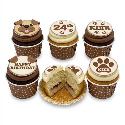 Dog themed cupcakes with a pug face, paw prints, custom age, and personalised name toppers.