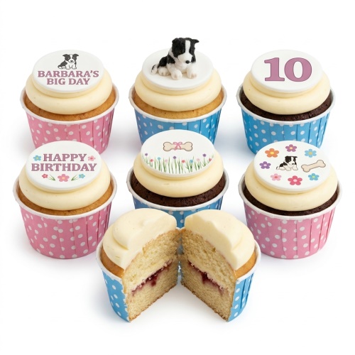 Assortment of puppy dog themed birthday cupcakes with edible toppers and a 3D dog figure.