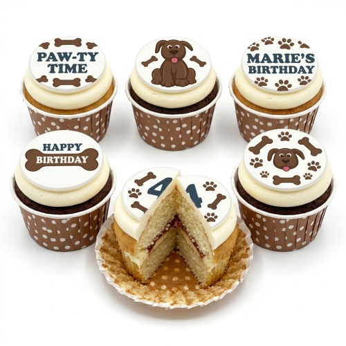 Dog theme birthday cupcakes with paw prints, bones, and custom age topper.