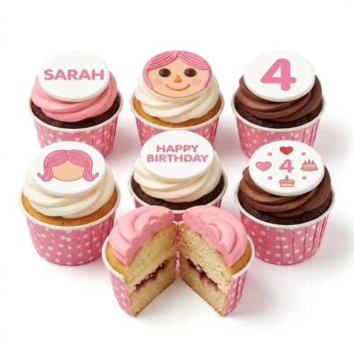 Assortment of pink, white, and chocolate cupcakes with girl-themed, custom age, and personalised name toppers.