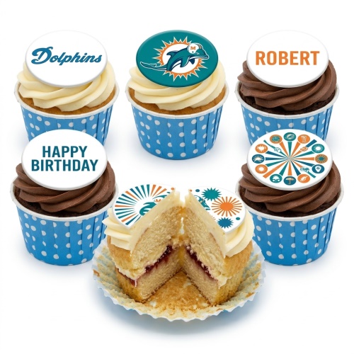 Vanilla and chocolate cupcakes with Miami Dolphins logo and "Happy Birthday" toppers in blue polka dot cases.