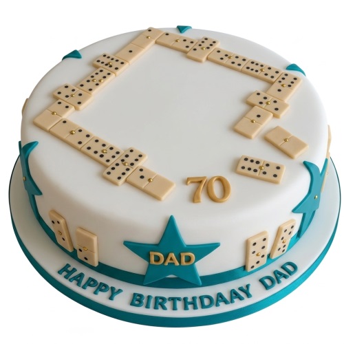 Round white fondant cake with edible dominoes, teal star with 'DAD', and gold '70' topper.