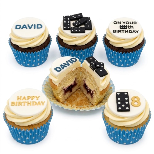 Dominoes themed birthday cupcakes with white fondant toppers, custom age, and personalised name examples.